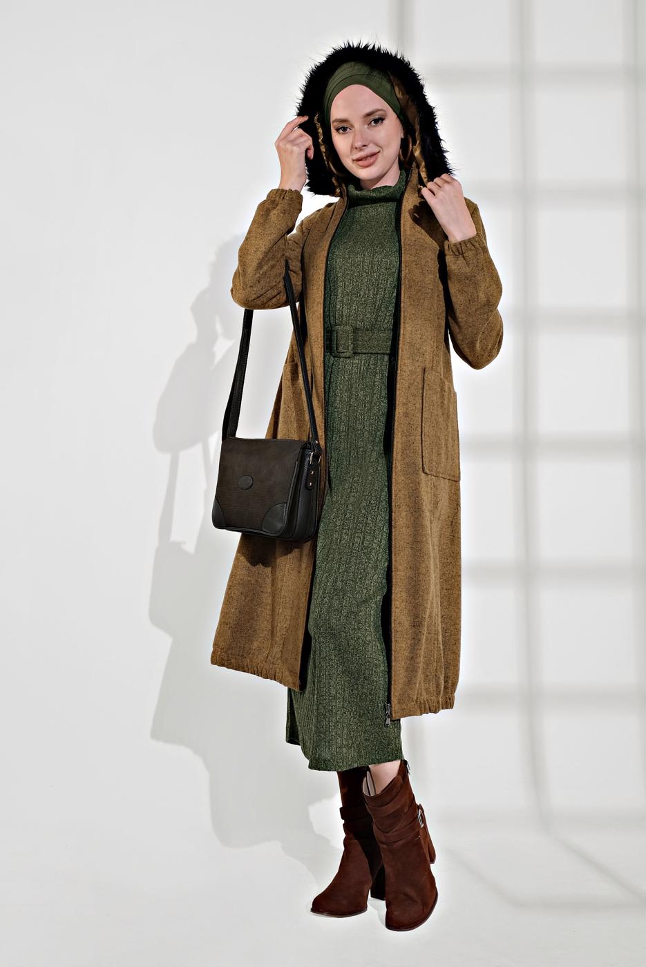 Tesettür giyim TURUNCU PAMUKLU FERMUARLI KABAN 1002