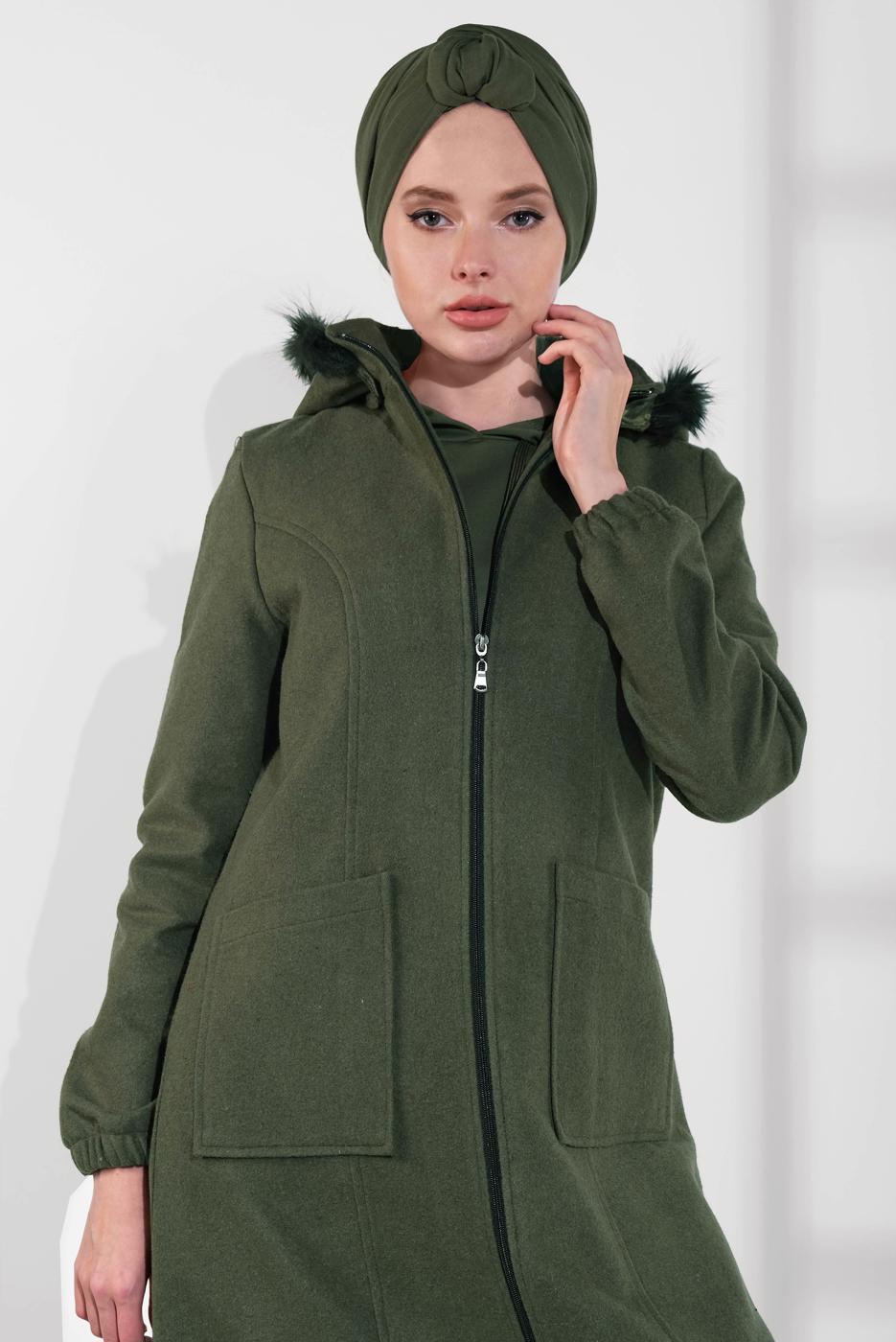 Tesettür giyim HAKİ PAMUKLU FERMUARLI KABAN 1002