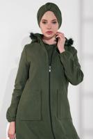 Tesettür giyim HAKİ PAMUKLU FERMUARLI KABAN 1002