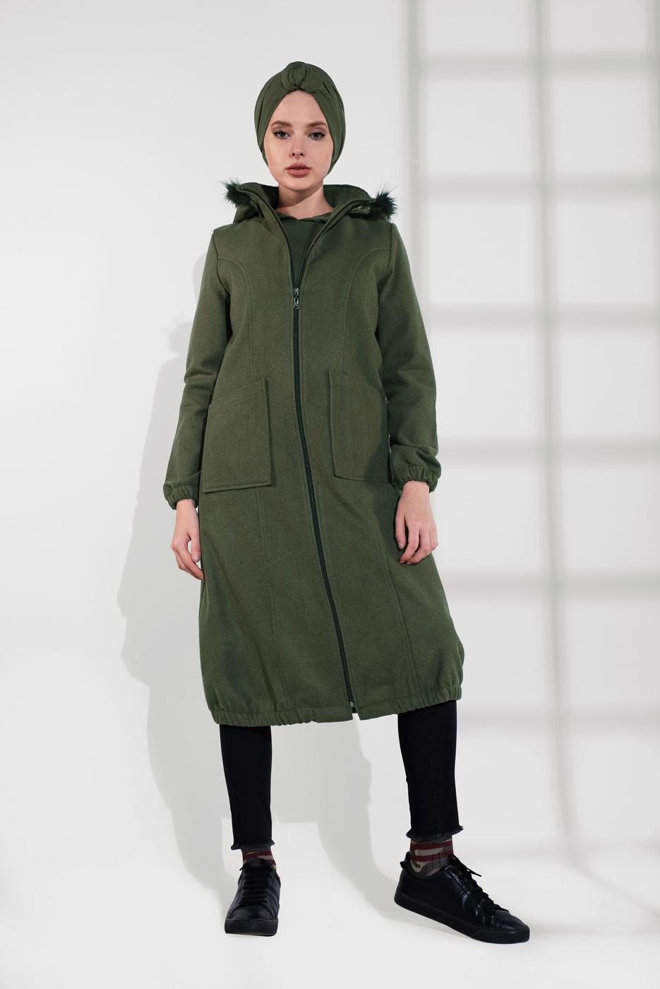 Tesettür giyim HAKİ PAMUKLU FERMUARLI KABAN 1002