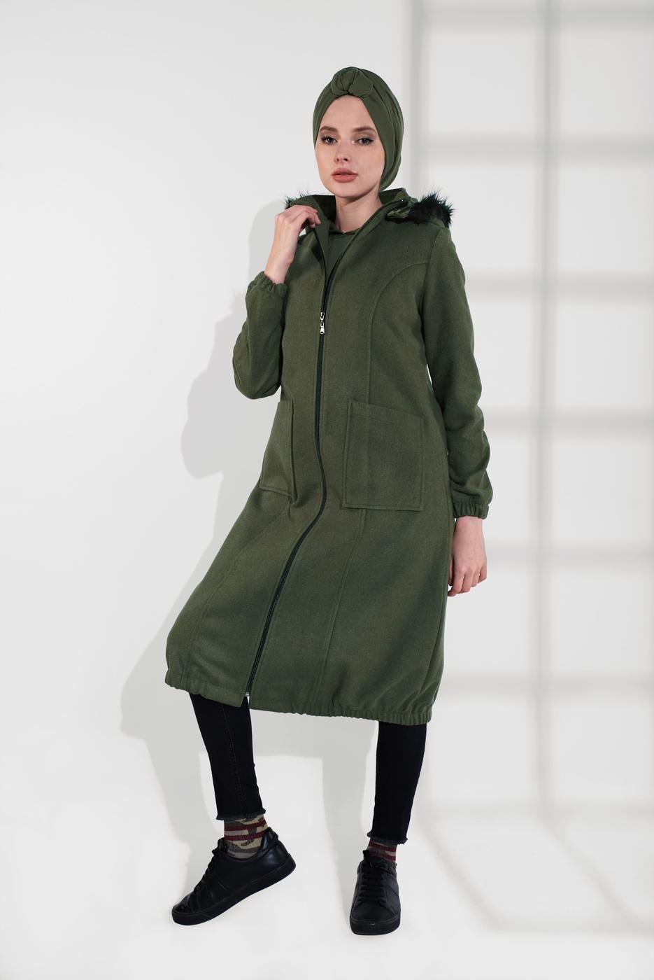 Tesettür giyim HAKİ PAMUKLU FERMUARLI KABAN 1002