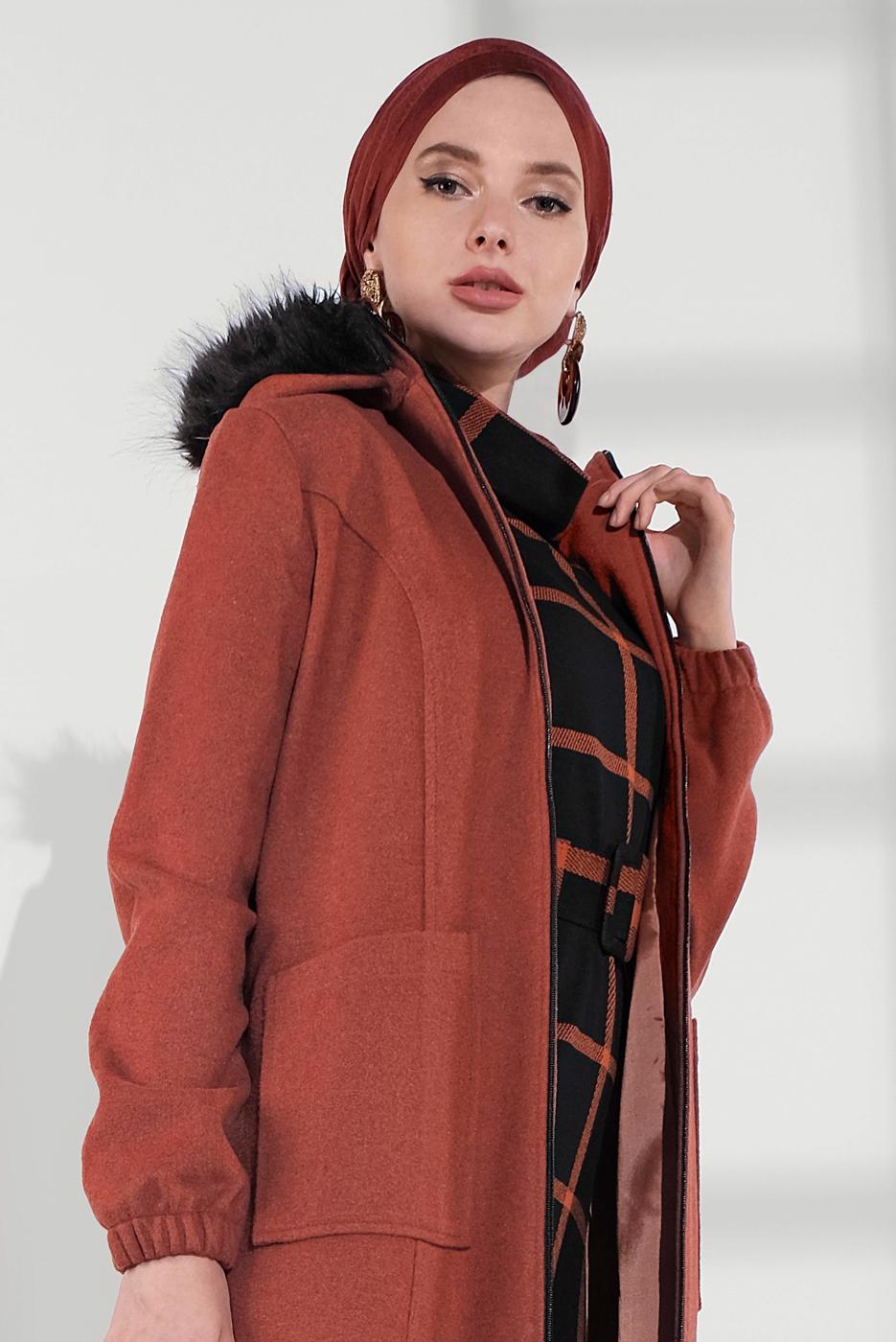 Tesettür giyim KAHVE PAMUKLU FERMUARLI KABAN 1002