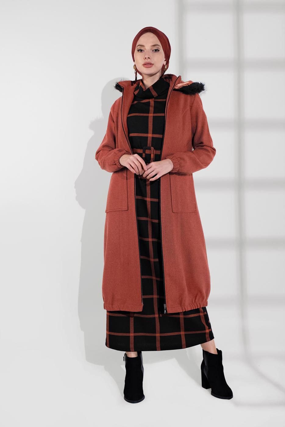 Tesettür giyim KAHVE PAMUKLU FERMUARLI KABAN 1002