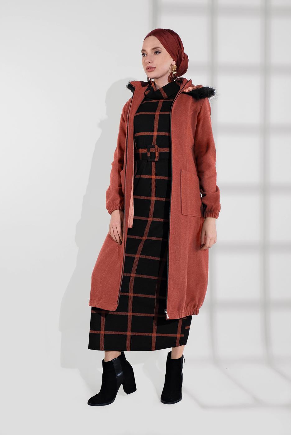 Tesettür giyim KAHVE PAMUKLU FERMUARLI KABAN 1002