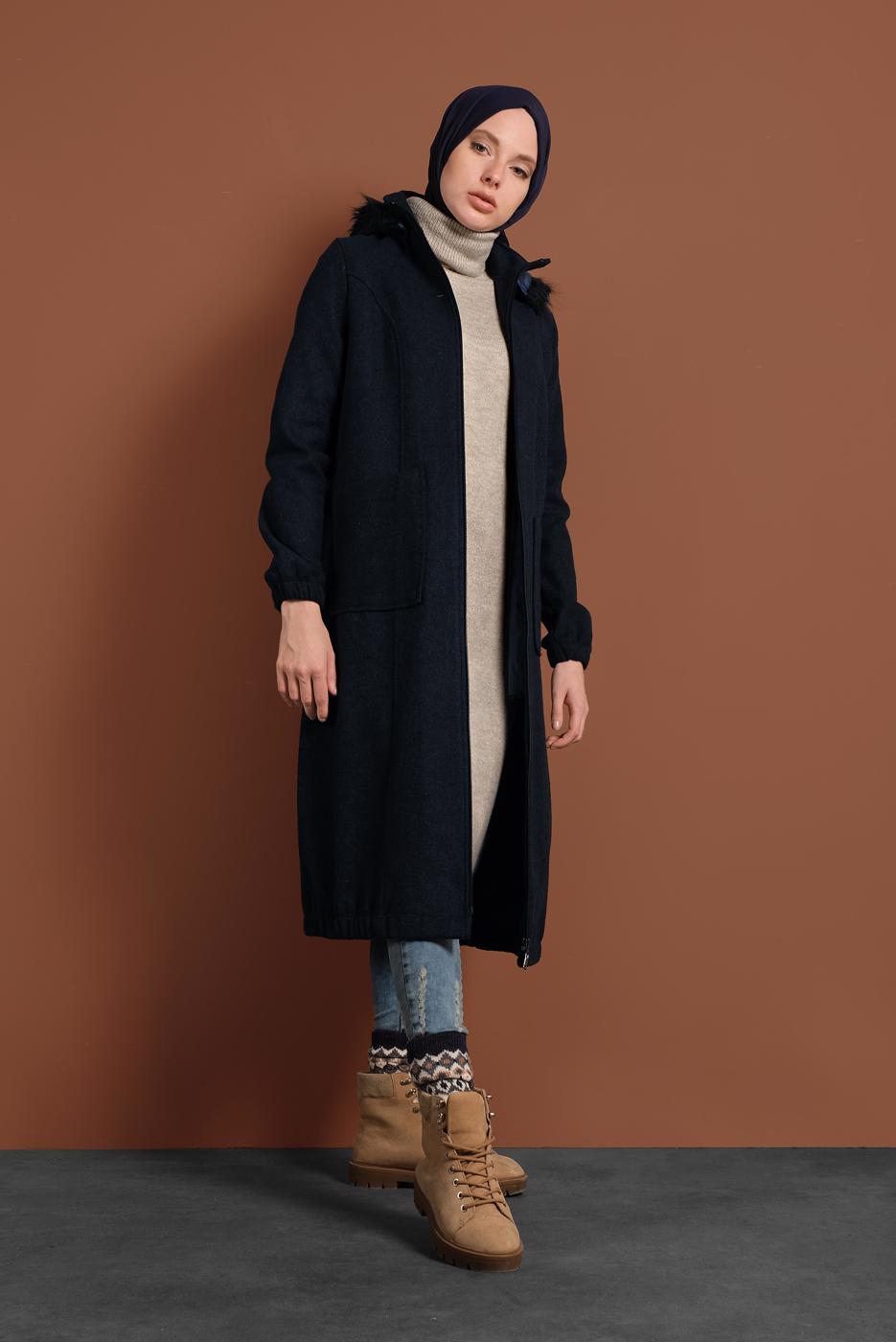 Tesettür giyim LACİVERT PAMUKLU FERMUARLI KABAN 1002