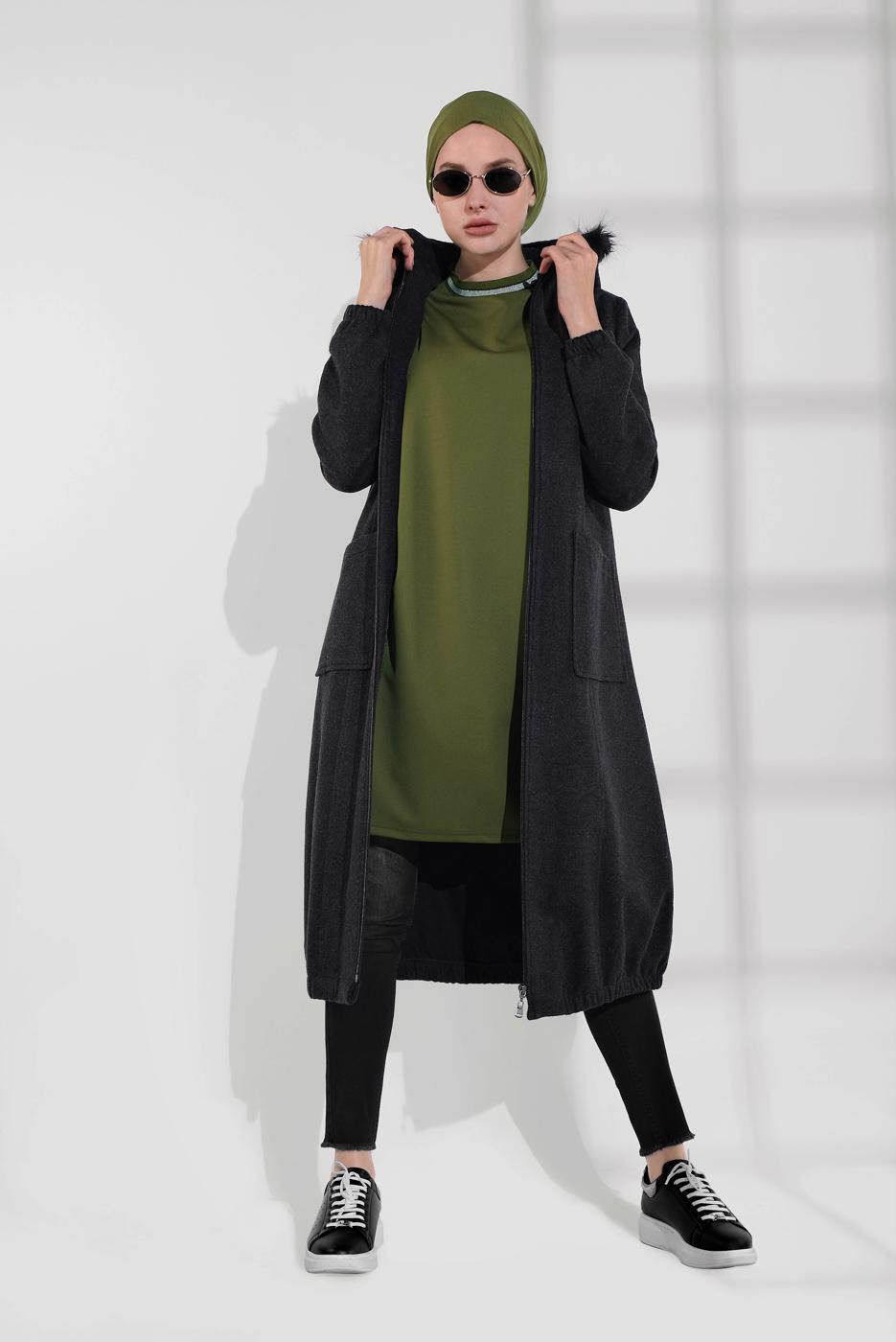 Tesettür giyim GRİ PAMUKLU FERMUARLI KABAN 1002