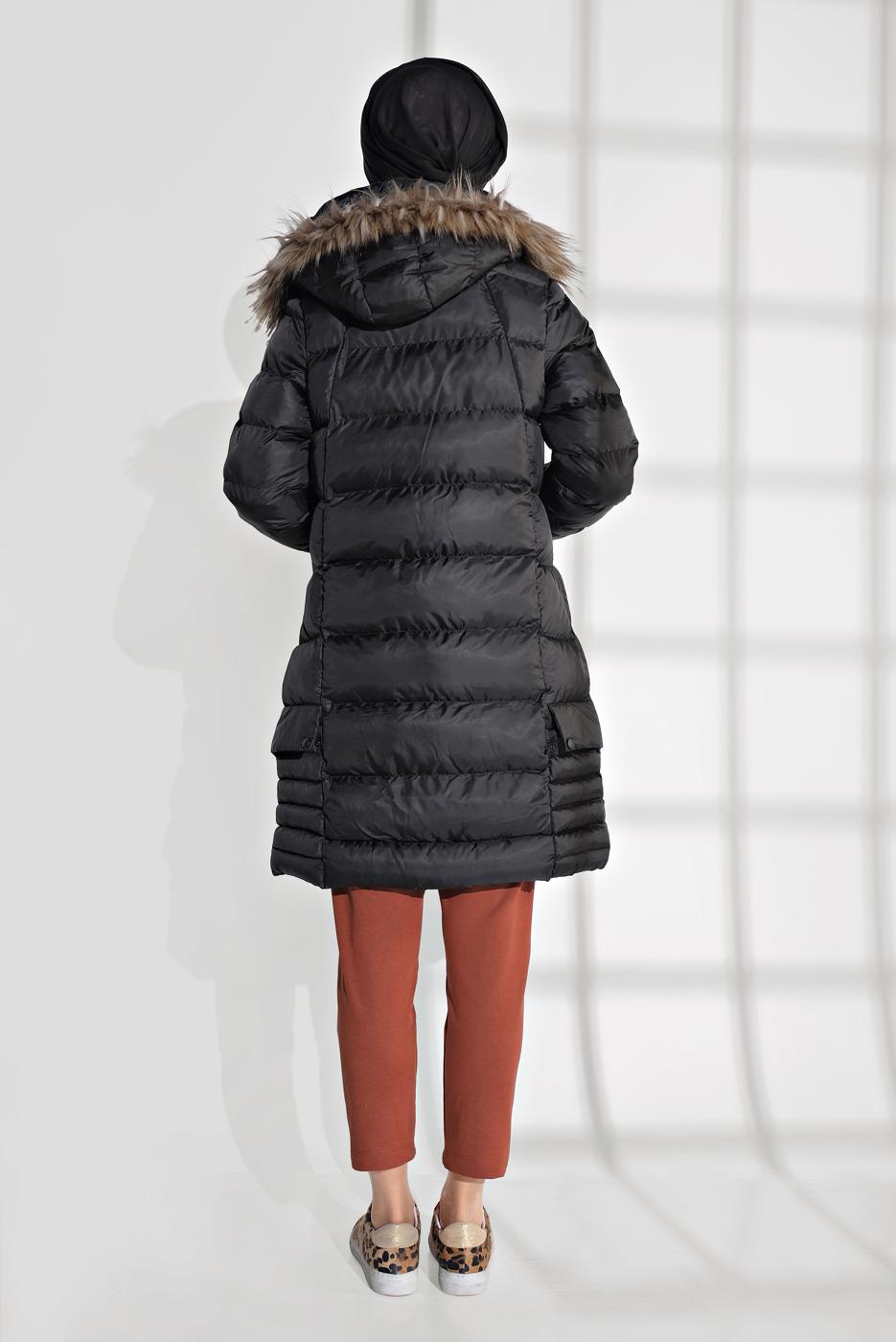 Vêtements hijab NOIR MANTEAU REMBOURRÉ À CAPUCHE EN FOURRURE 1007