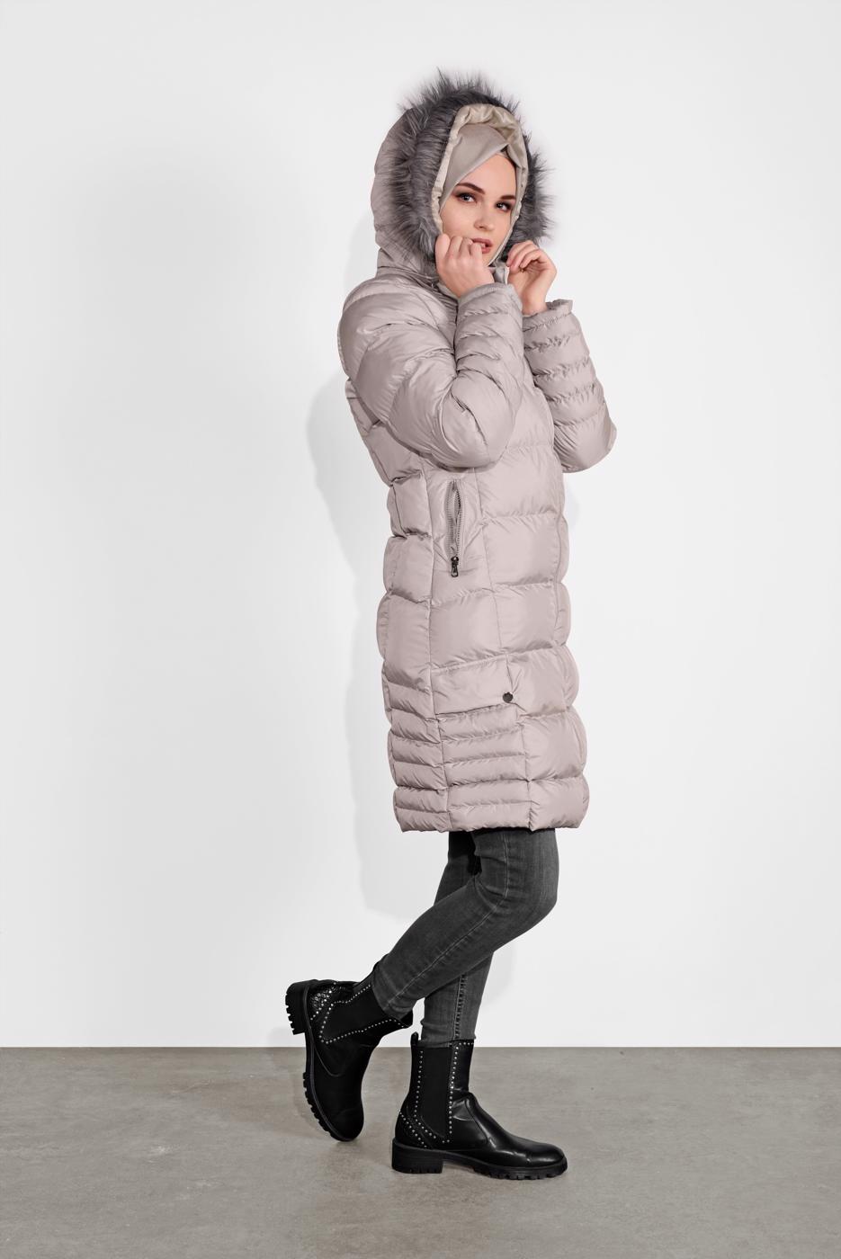 Vêtements hijab GRIS MANTEAU REMBOURRÉ À CAPUCHE EN FOURRURE 1007