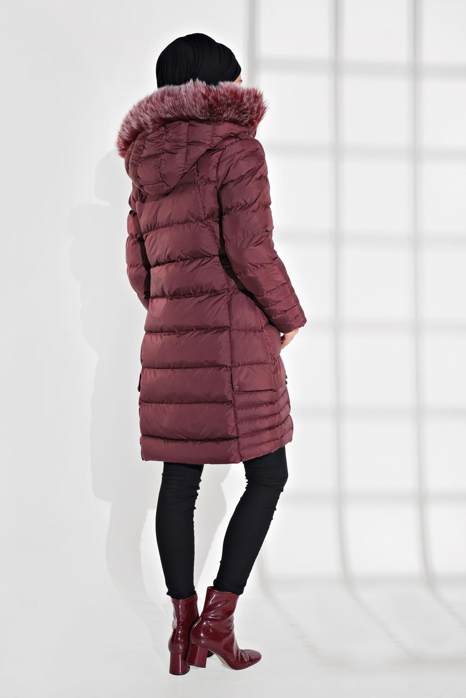 Vêtements hijab ROUGE BORDEAUX MANTEAU REMBOURRÉ À CAPUCHE EN FOURRURE 1007