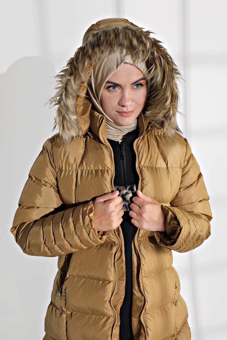 Vêtements hijab BRUN MANTEAU REMBOURRÉ À CAPUCHE EN FOURRURE 1007