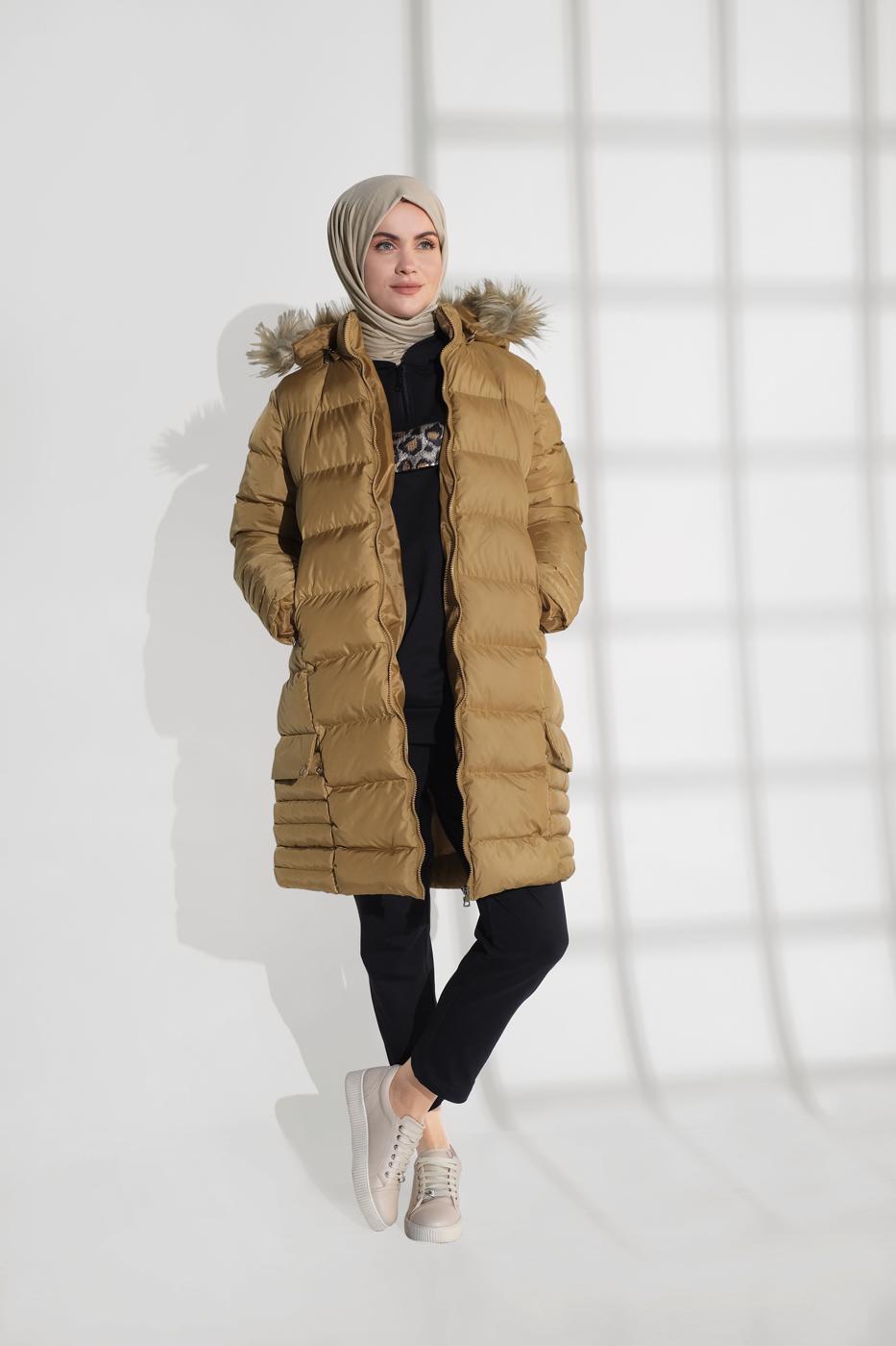 Vêtements hijab BRUN MANTEAU REMBOURRÉ À CAPUCHE EN FOURRURE 1007