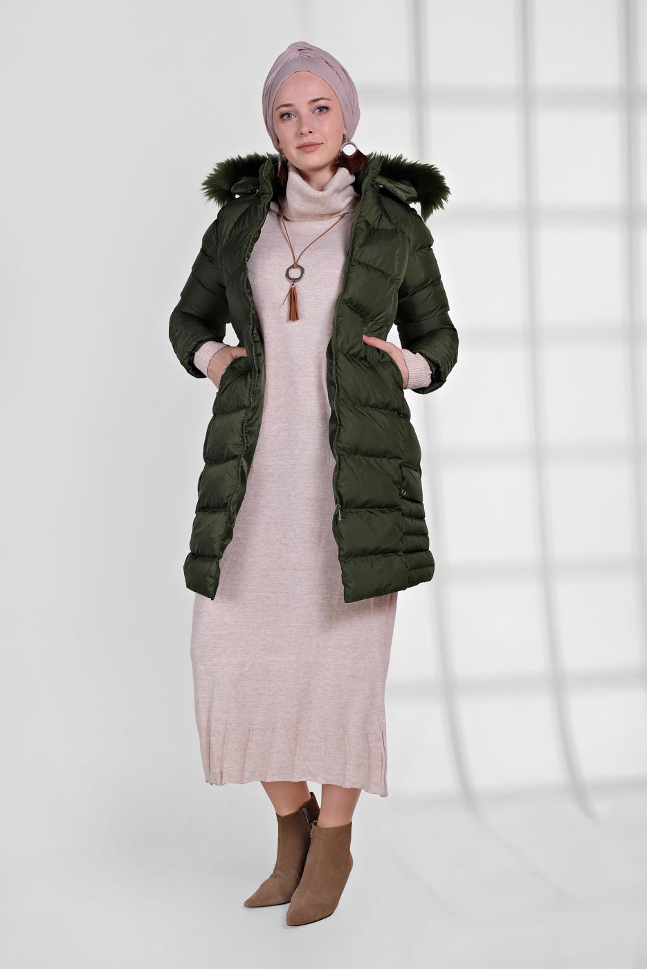 Hijab clothing KHAKI FAUX-FUR-TRIM HOODED PUFFER COAT 1007