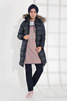 Hijab clothing NAVY BLUE FAUX-FUR-TRIM HOODED PUFFER COAT 1007