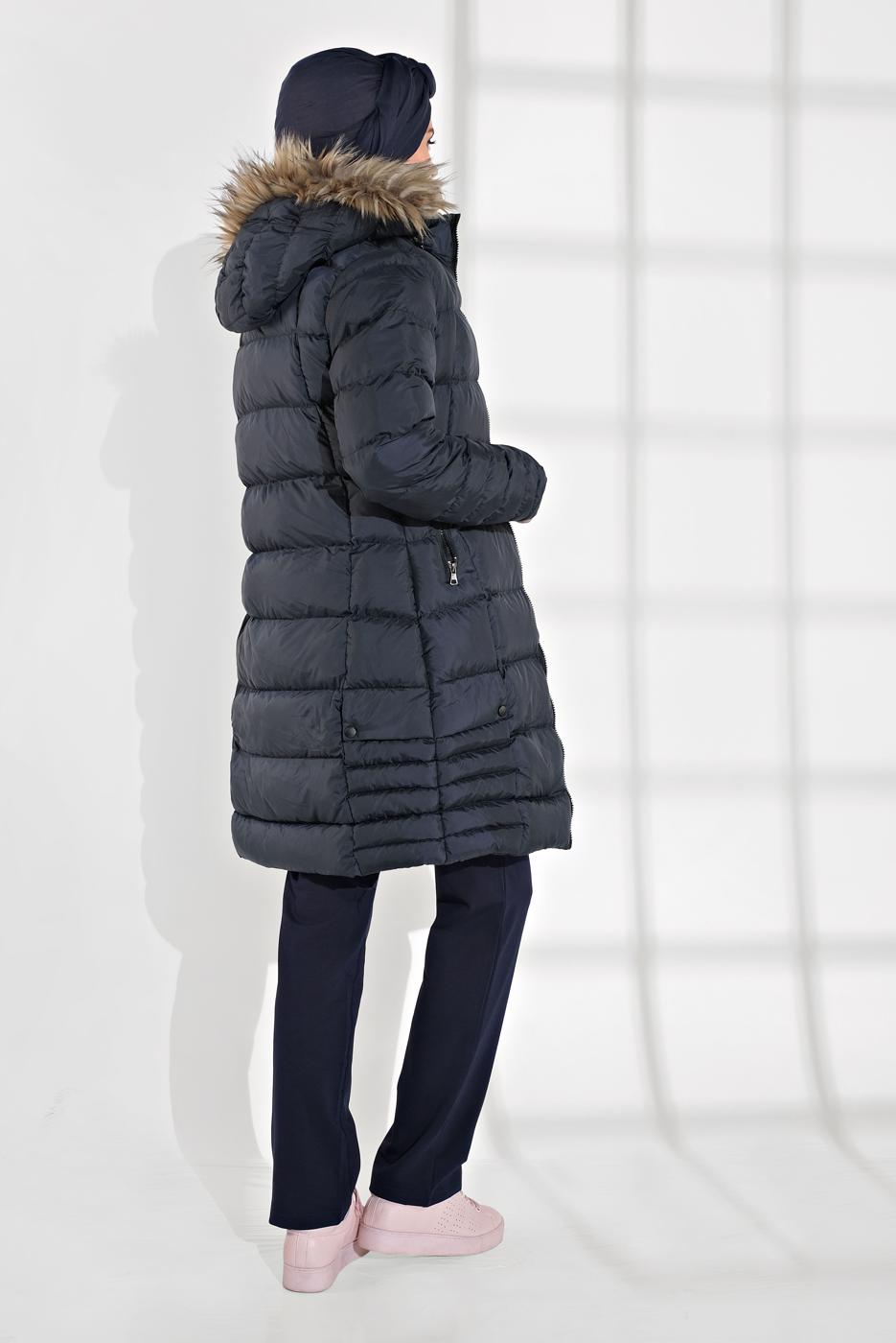 Hijab clothing NAVY BLUE FAUX-FUR-TRIM HOODED PUFFER COAT 1007