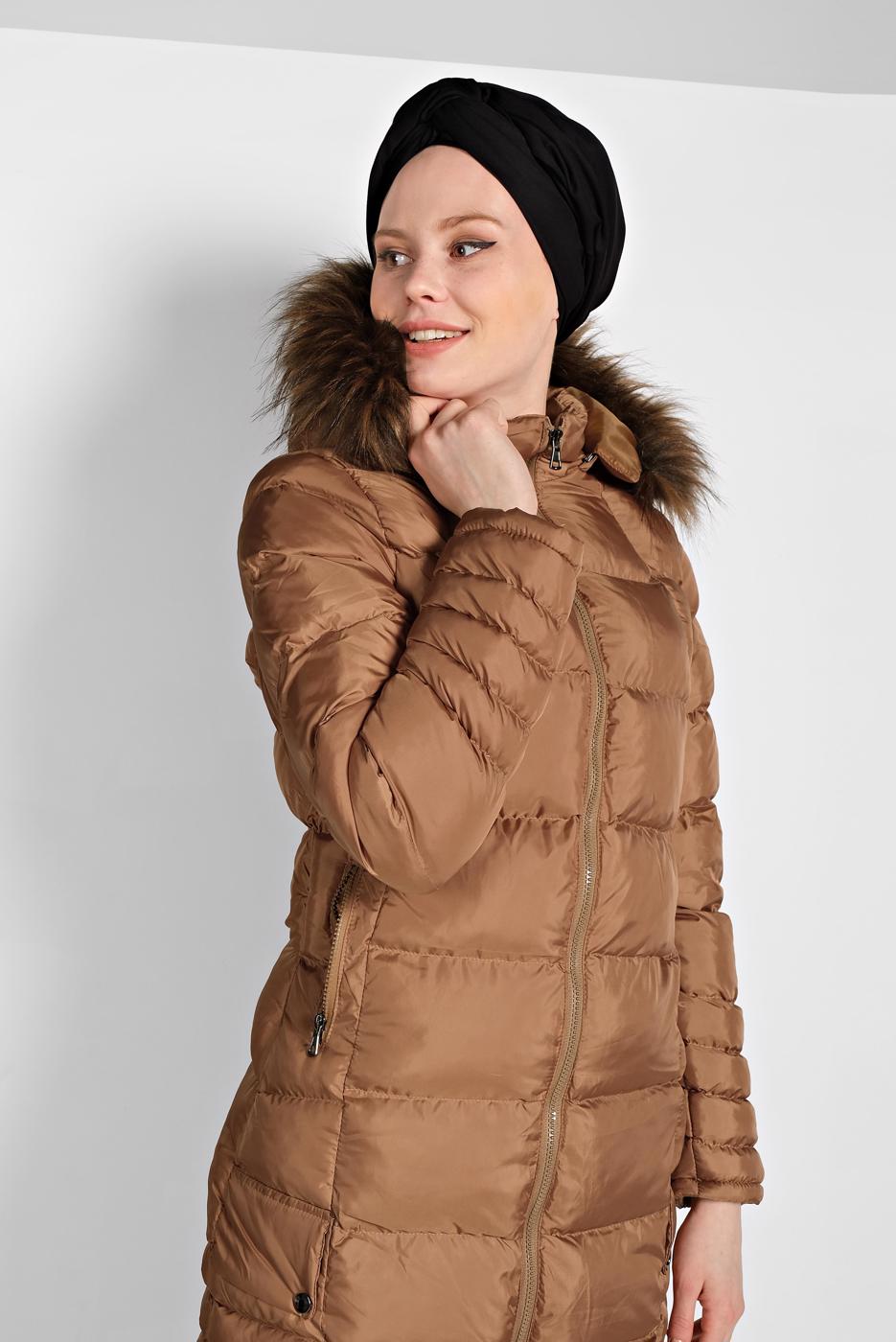 Hijab clothing BROWN FAUX-FUR-TRIM HOODED PUFFER COAT 1007