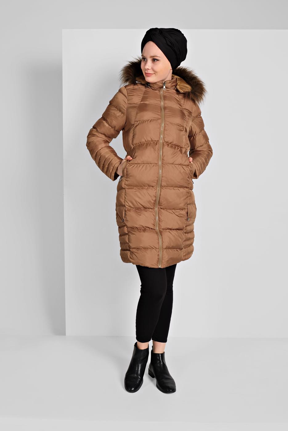 Hijab clothing BROWN FAUX-FUR-TRIM HOODED PUFFER COAT 1007