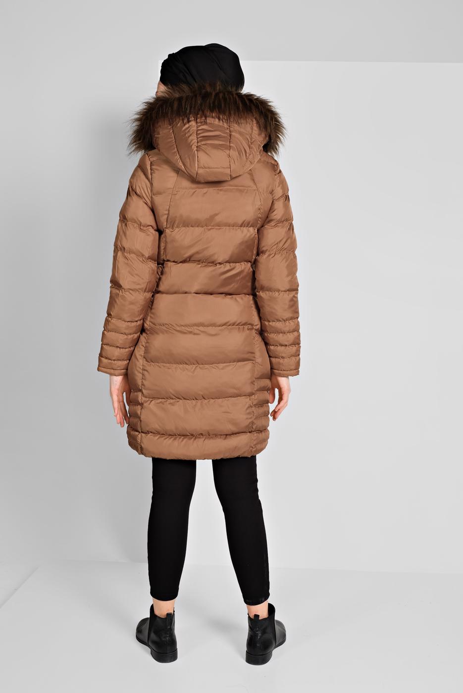 Hijab clothing BROWN FAUX-FUR-TRIM HOODED PUFFER COAT 1007