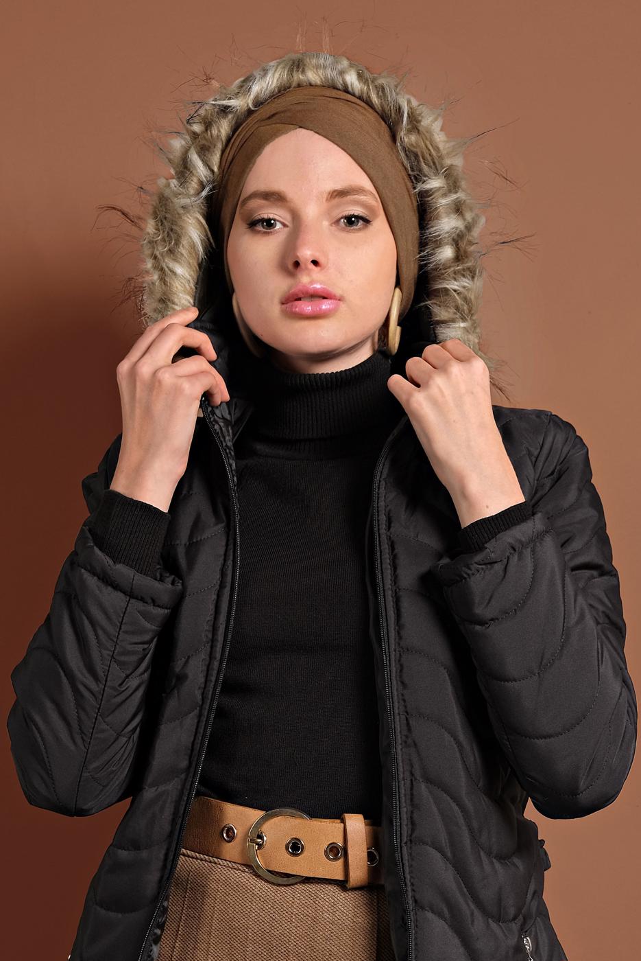 Hijab clothing BLACK HOODED PUFFER COAT 1008 