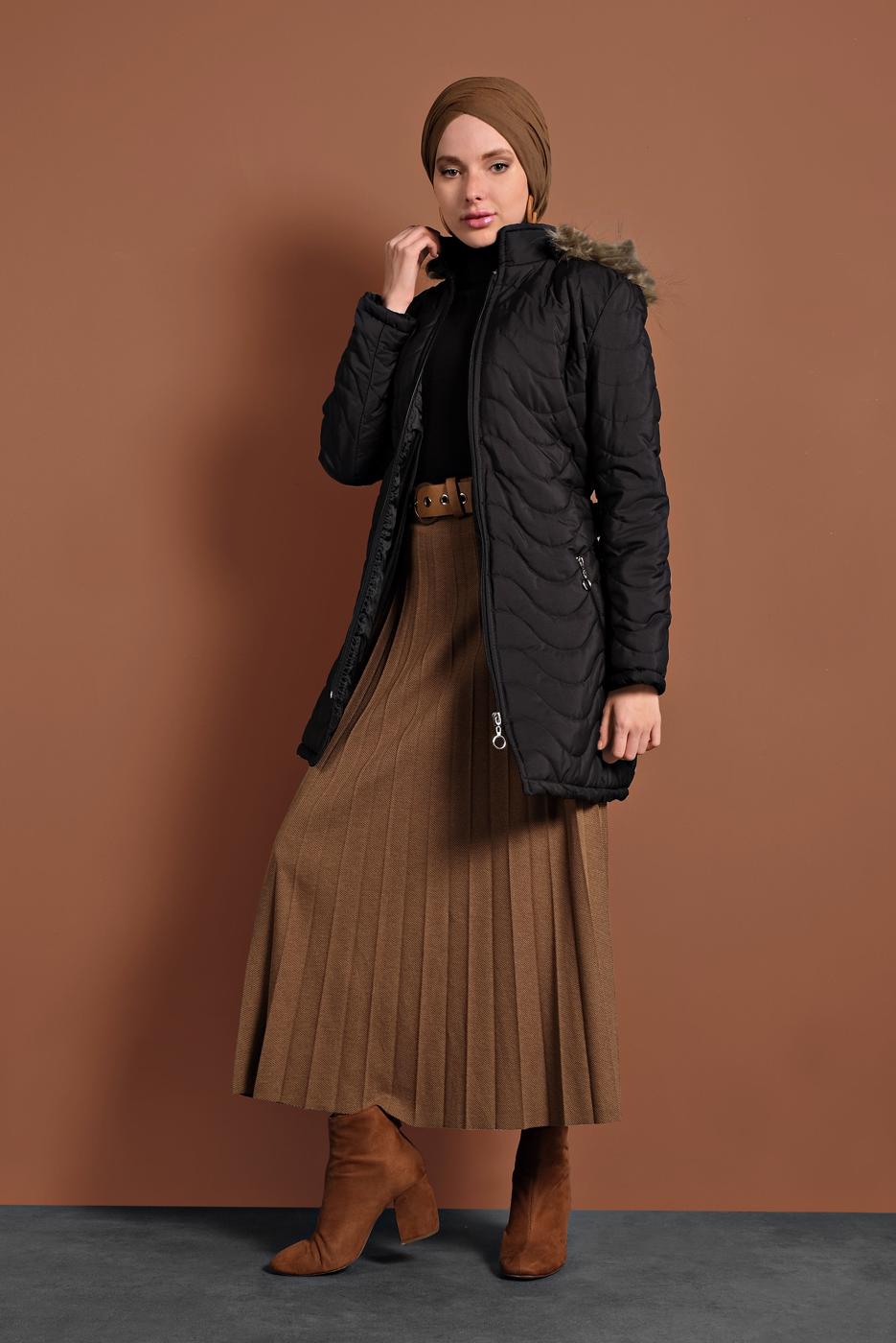 Hijab clothing BLACK HOODED PUFFER COAT 1008 