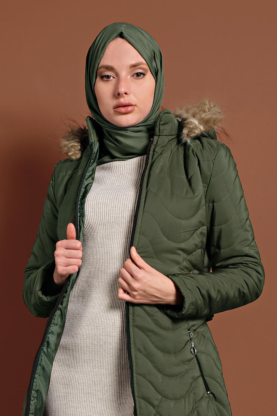 Hijab clothing KHAKI HOODED PUFFER COAT 1008 