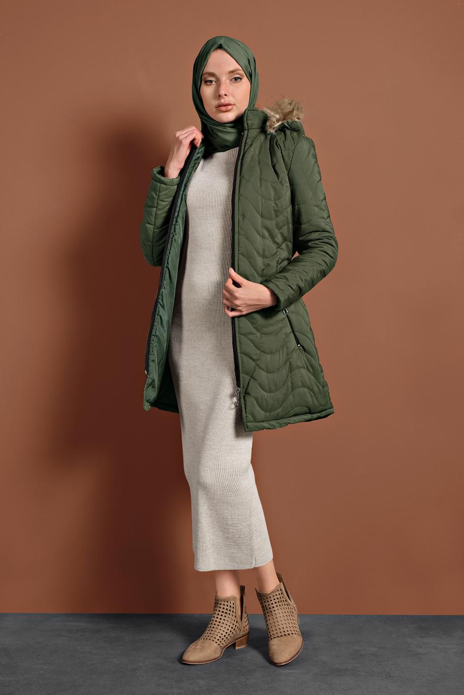 Hijab clothing KHAKI HOODED PUFFER COAT 1008 
