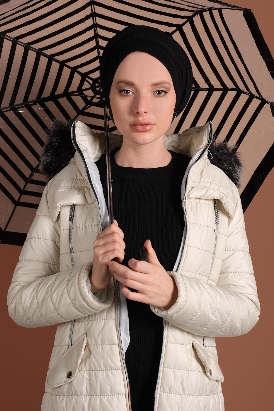 Vêtements hijab CRÈME CABAN EN BOUFFANT AVEC FERMETURE ÉCLAIR ET CAPCUHE 1106