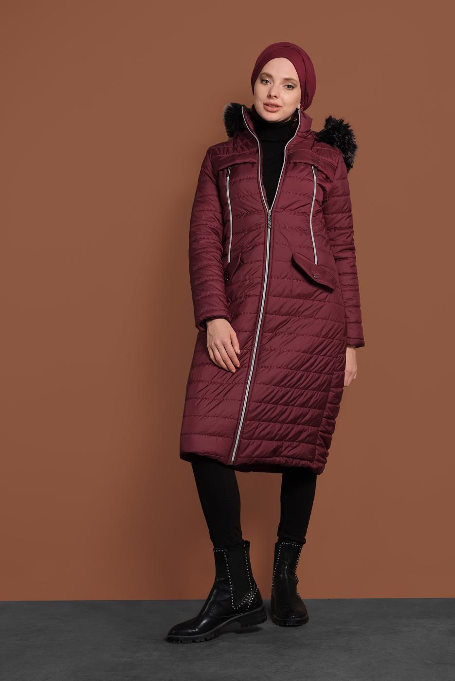 Vêtements hijab ROUGE BORDEAUX CABAN EN BOUFFANT AVEC FERMETURE ÉCLAIR ET CAPCUHE 1106