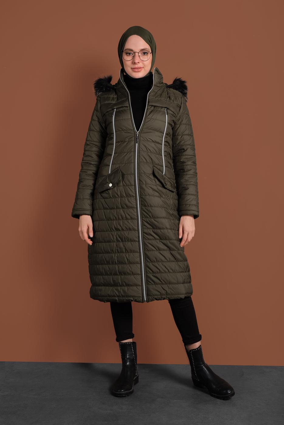 Vêtements hijab KAKI CABAN EN BOUFFANT AVEC FERMETURE ÉCLAIR ET CAPCUHE 1106