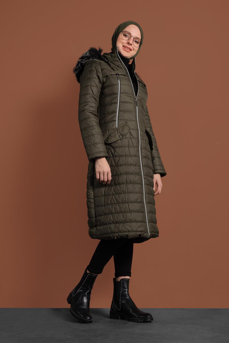 Vêtements hijab KAKI CABAN EN BOUFFANT AVEC FERMETURE ÉCLAIR ET CAPCUHE 1106
