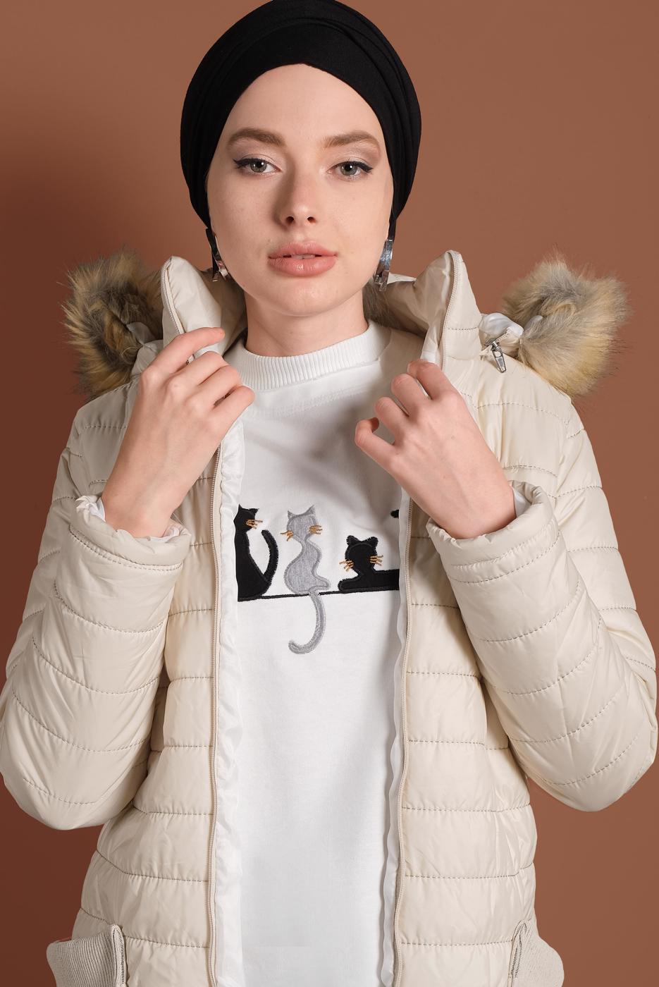 Vêtements hijab CRÈME MANTEAU À BOUFFANT AVEC POCHE LARGE 1206 