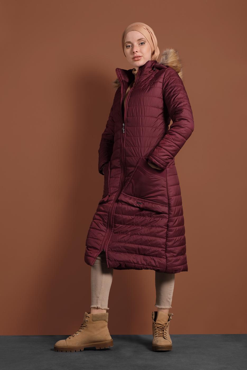 Vêtements hijab ROUGE BORDEAUX MANTEAU À BOUFFANT AVEC POCHE LARGE 1206 