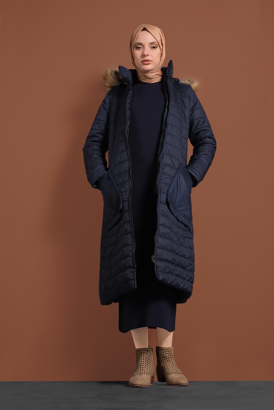 Vêtements hijab BLEU MARINE MANTEAU À BOUFFANT AVEC POCHE LARGE 1206 