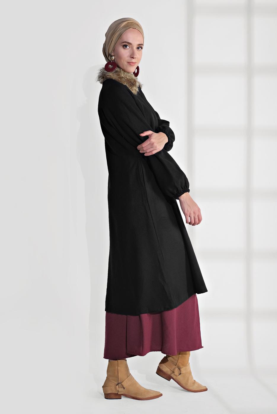 Hijab clothing BLACK FUR COLLAR ZIPPED WALKER COAT 1705