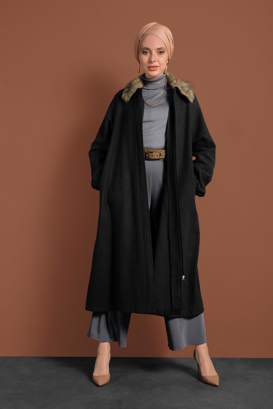 Hijab clothing BLACK FUR COLLAR ZIPPED WALKER COAT 1705