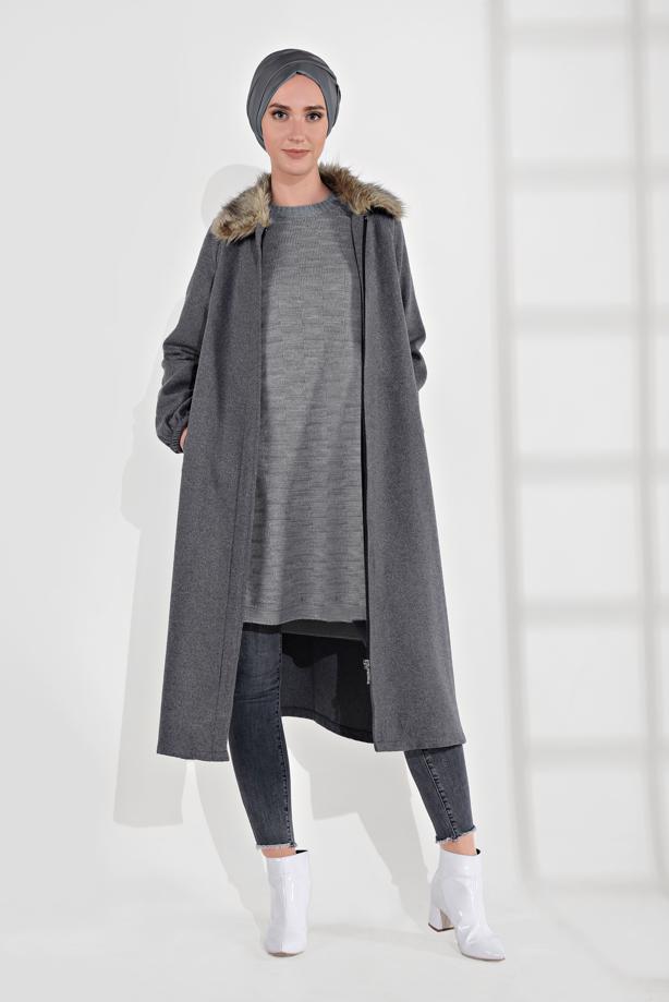 Vêtements hijab  FUR COLLAR ZIPPED WALKER COAT 1705 - TRENDTESETTÜR