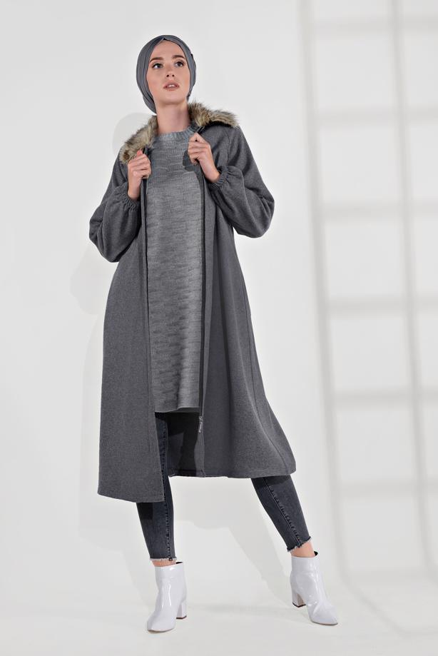 Vêtements hijab  FUR COLLAR ZIPPED WALKER COAT 1705 - TRENDTESETTÜR