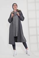 Tesettür giyim GRİ YAKASI KÜRK DETAYLI FERMUARLI KAŞE KABAN 1705 