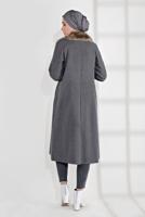Tesettür giyim GRİ YAKASI KÜRK DETAYLI FERMUARLI KAŞE KABAN 1705 