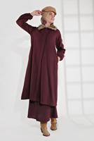 Tesettür giyim BORDO YAKASI KÜRK DETAYLI FERMUARLI KAŞE KABAN 1705 