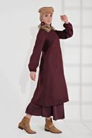 Tesettür giyim BORDO YAKASI KÜRK DETAYLI FERMUARLI KAŞE KABAN 1705 