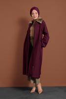 Tesettür giyim BORDO YAKASI KÜRK DETAYLI FERMUARLI KAŞE KABAN 1705 