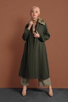 Tesettür giyim HAKİ YAKASI KÜRK DETAYLI FERMUARLI KAŞE KABAN 1705 