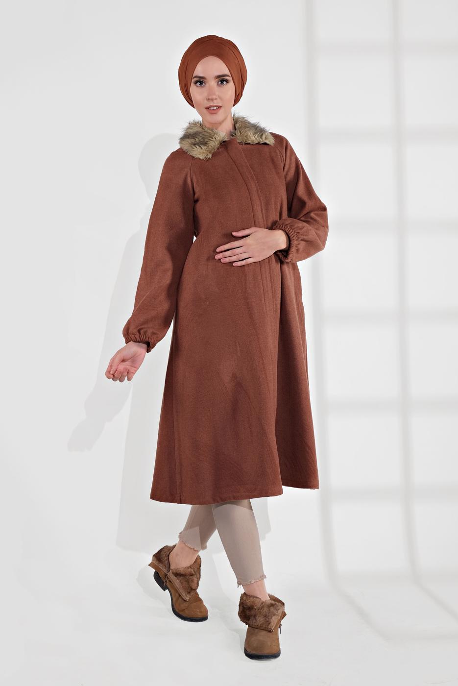 Vêtements hijab BRUN MANTEAU EN LAINE À COL EN FAUSSE FOURRURE AVEC FERMETURE ÉCLAIR 1705 