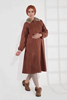 Vêtements hijab BRUN MANTEAU EN LAINE À COL EN FAUSSE FOURRURE AVEC FERMETURE ÉCLAIR 1705 