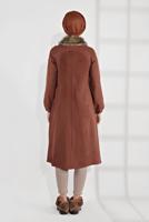 Vêtements hijab BRUN MANTEAU EN LAINE À COL EN FAUSSE FOURRURE AVEC FERMETURE ÉCLAIR 1705 