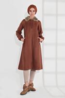 Vêtements hijab BRUN MANTEAU EN LAINE À COL EN FAUSSE FOURRURE AVEC FERMETURE ÉCLAIR 1705 