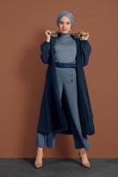 Tesettür giyim MAVİ YAKASI KÜRK DETAYLI FERMUARLI KAŞE KABAN 1705 