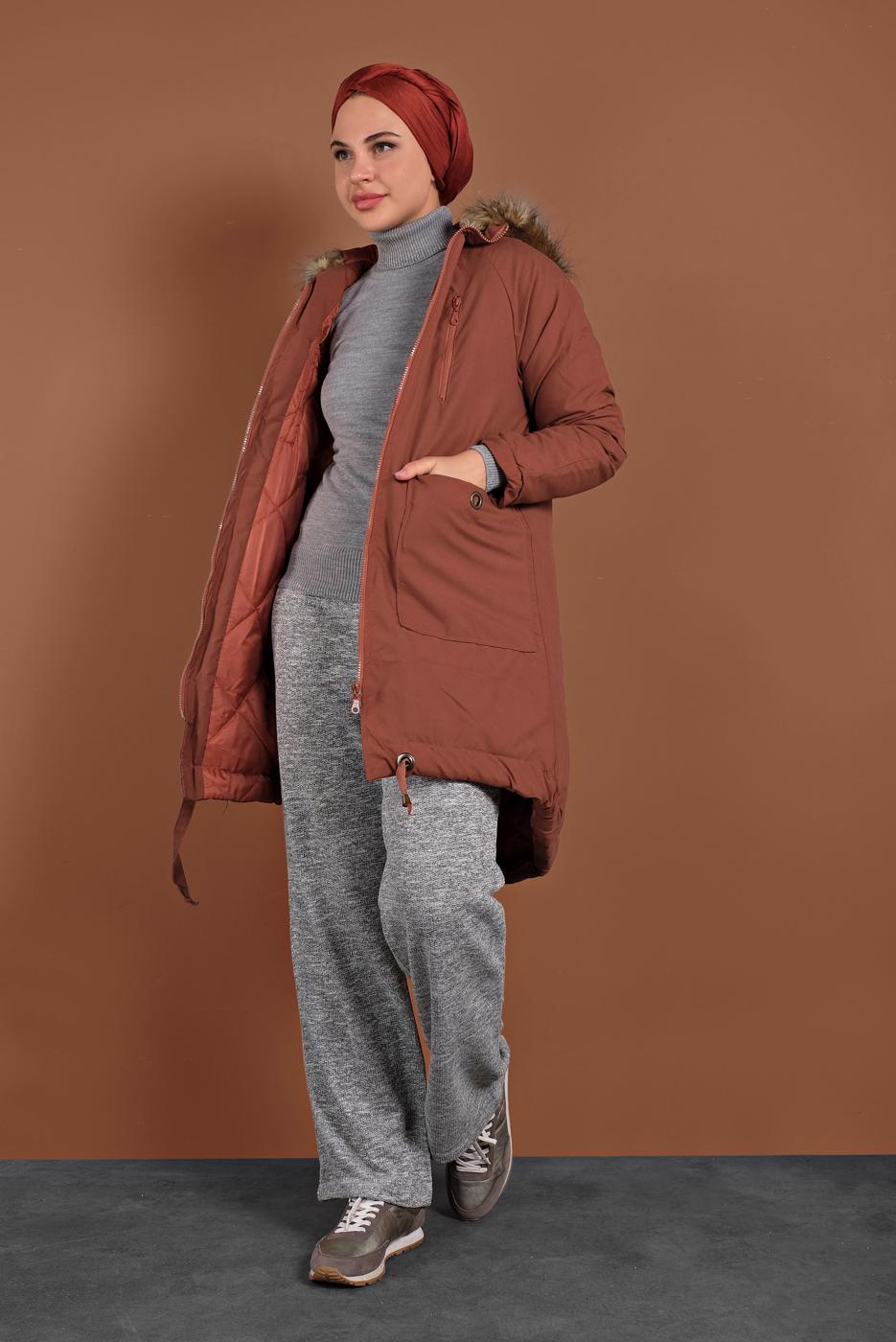 Hijab clothing BROWN HOODED COTTON COAT 2001 