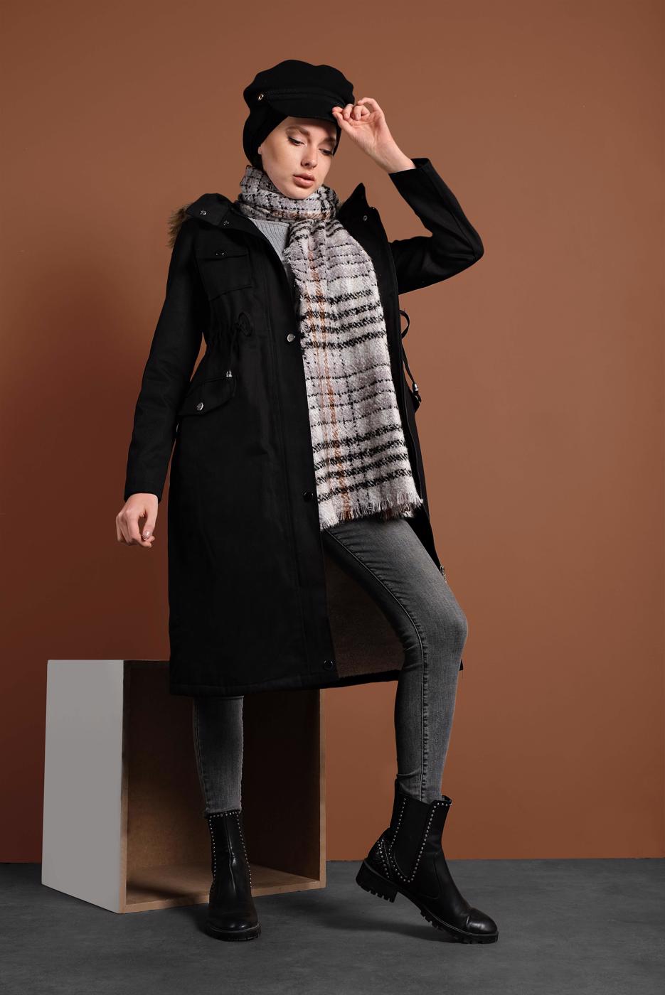 Vêtements hijab NOIR CABAN TAILLE À SMOCKS DOUBLÉE DE FOURRURE 2080 