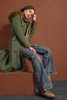 Hijab clothing KHAKI SMOCKED-WAIST FUR-LINED COAT 2080 